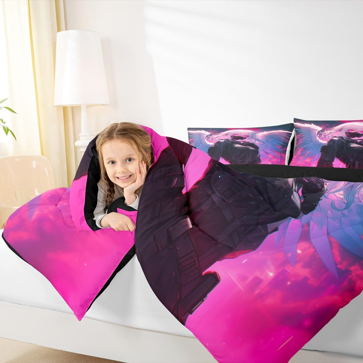 Erosebridal Twin Japanese Anime Comforter Set Anime Girl Bedding Set for Kids Girls Teens Men Bedroom, Cartoon Girl Quilt Kawaii Japanese Animation Duvet Insert 2 Piece with 1 Pillow Case