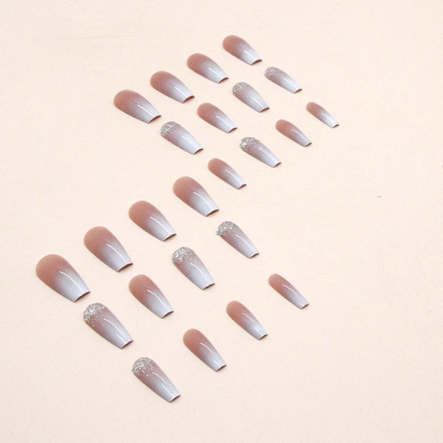 Gifiky Bling Fake Nails Long Coffin Press on Nails Gradient Cute Nails Tips Acrylic Full Cover Ballerina False Nails Nude for Women and Girls 24Pcs