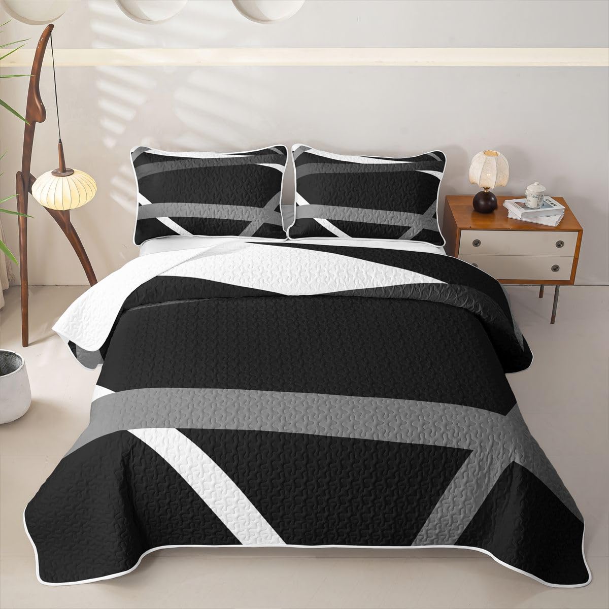 Erosebridal Gray Black White Striped Quilt Set for Adult Women Men - Modern Abstract Quilt Twin Geometric Lines Quilted Bedspread Aesthetic Boho Coverlet Bedroom Decor