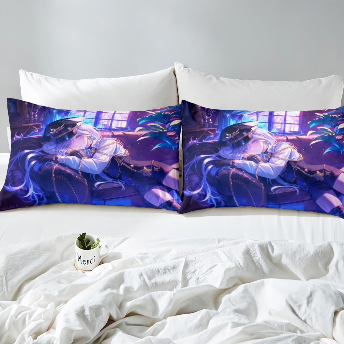 Erosebridal Anime Girl Fitted Sheet Twin Size Japanese Anime Bed Sheets for Kids Boys Teens Women Bedroom Decor, Cartoon Girl Bedding Set Japanese Animation Kawaii Sheets, Purple