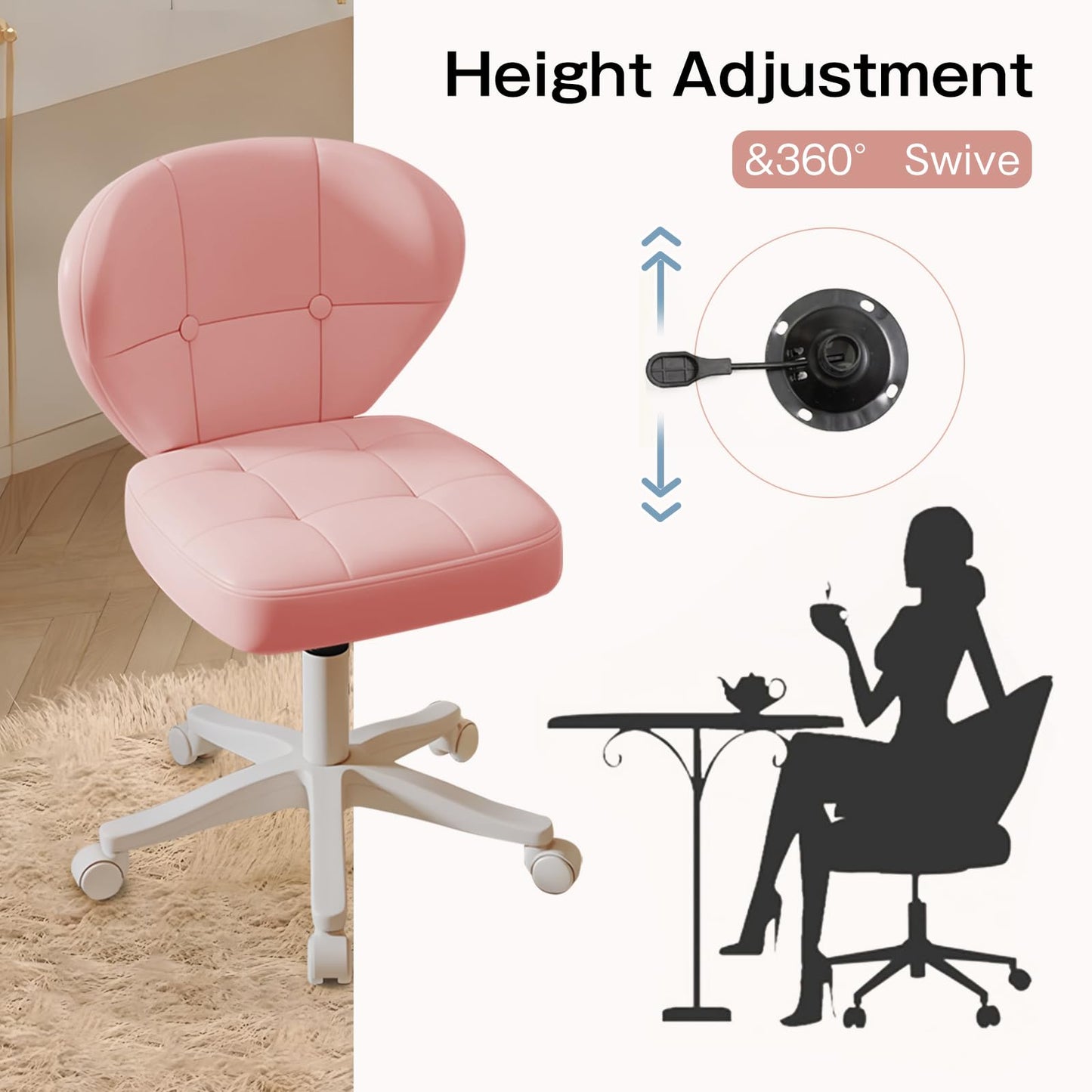 Timbertouch Small Office Chair with Lumbar Support, PU Leather Armless Swivel Desk Chair Adjustable Height, Compact Rolling Chair for Home Office, Bedroom, Study （Pink）