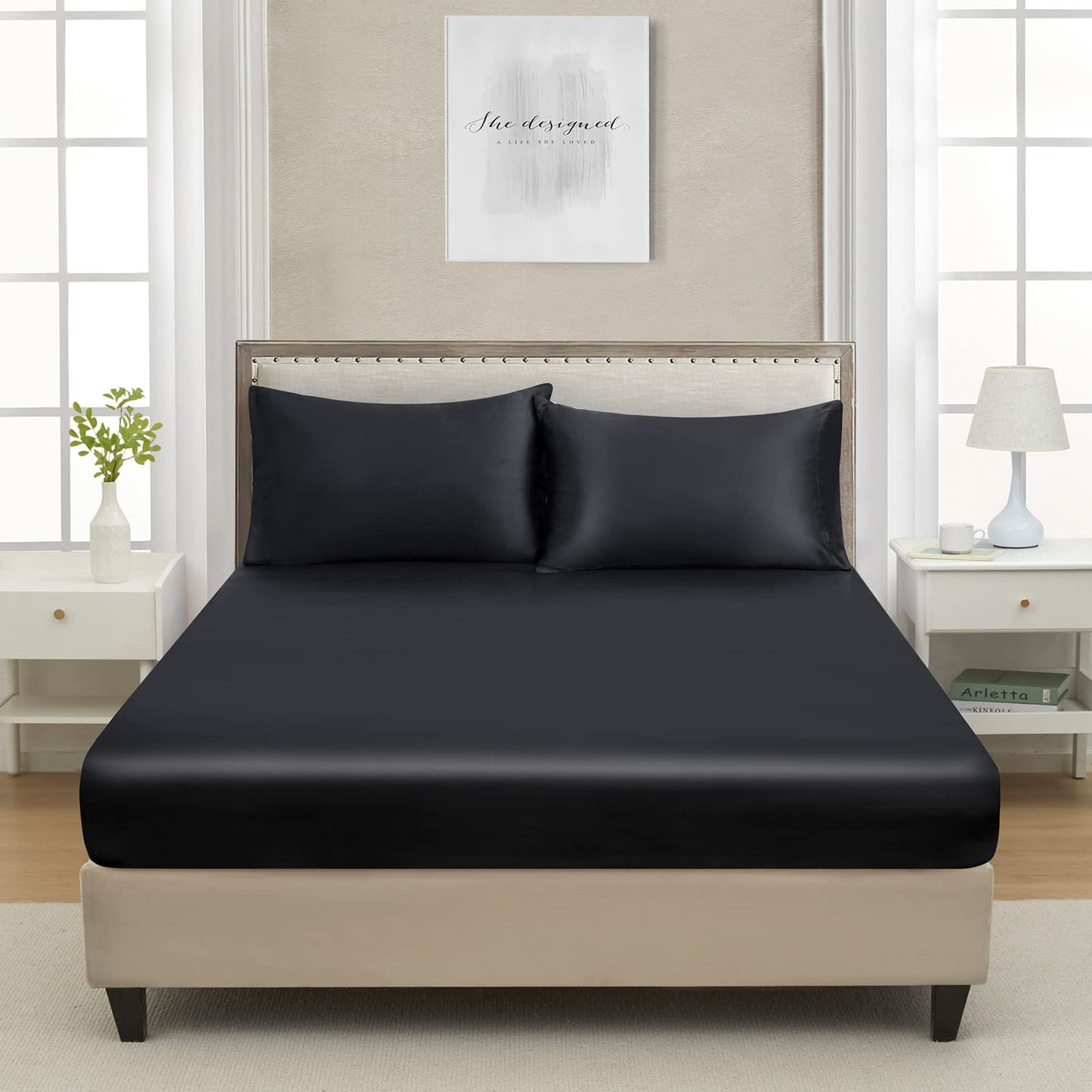 Queen Silk Satin Fitted Sheet, Soft Deep Pocket Single Bottom Bed Sheets Sold Separately, Wrinkle Free, Non- Fading, Breathable, Fully Elasticized(Queen Size, Black)