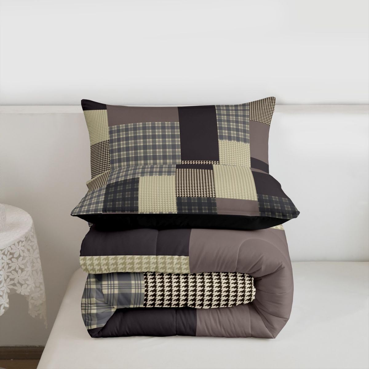 jejeloiu Plaid Comforter Set Queen Size Farmhouse Patchwork Bedding Set for Kids Boys Girls Rustic Lodge Cabin Duvet Quilt Check Checkered Bedroom Decor Microfiber 3 Pcs with 2 Pillow Cases