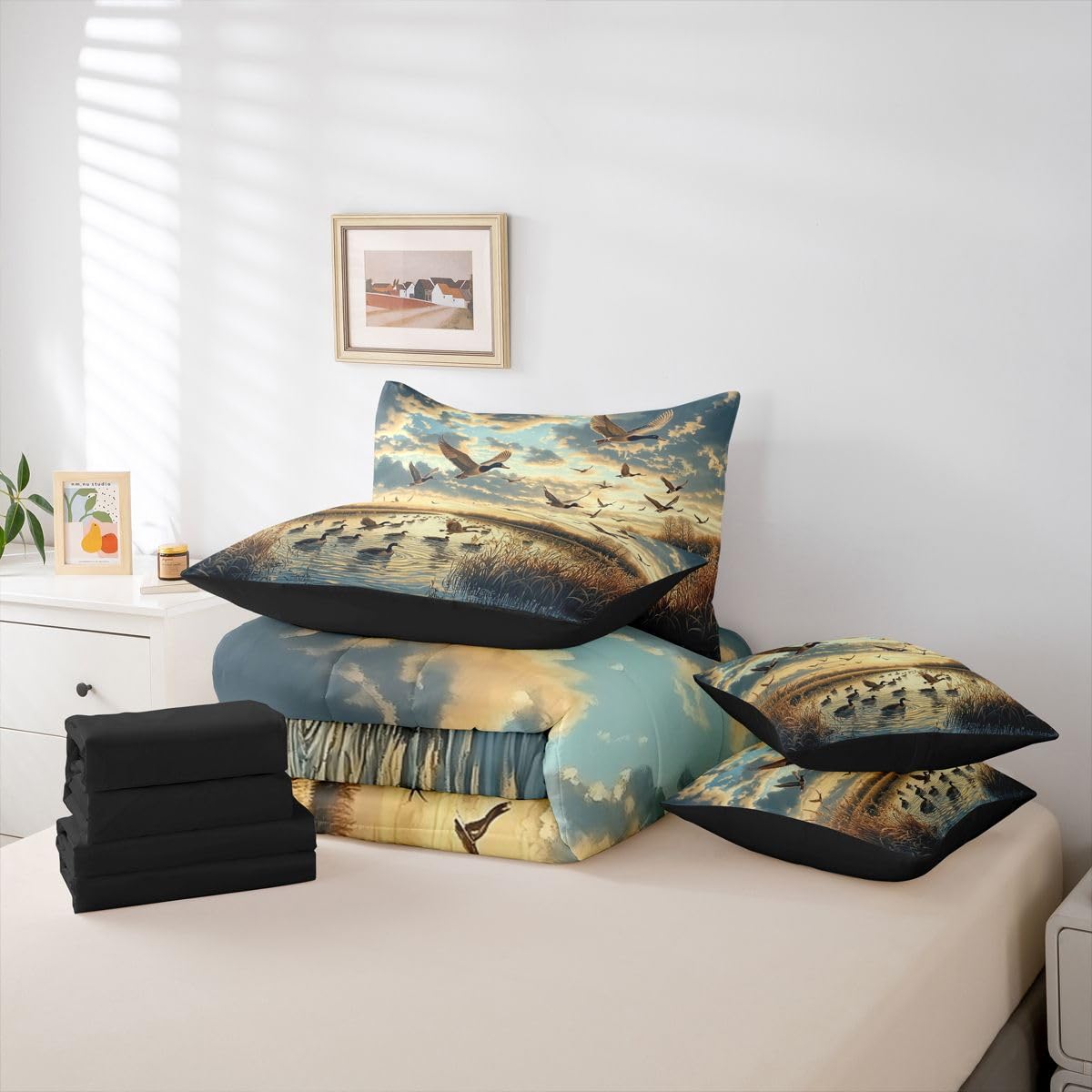 Erosebridal Sunrise 7 Piece Bedding Set Queen Wild Ducks Comforter Set with Sheets Reeds River Flying Mallards Clouds Bed in a Bag Trees Animals Print Landscape for Teens Men Women