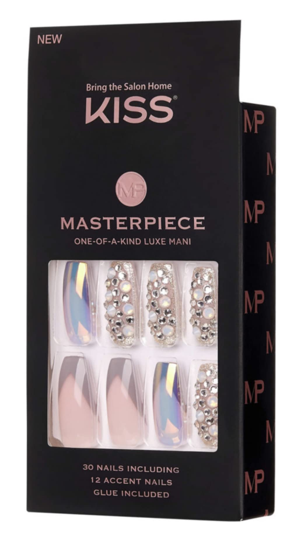 KISS Masterpiece One-Of-A-Kind Luxe Mani Premium Special Effects Design Coffin Shape Glossy Iridescent Glue-On Long Length Nails with Faux Jewels MP01 Love It
