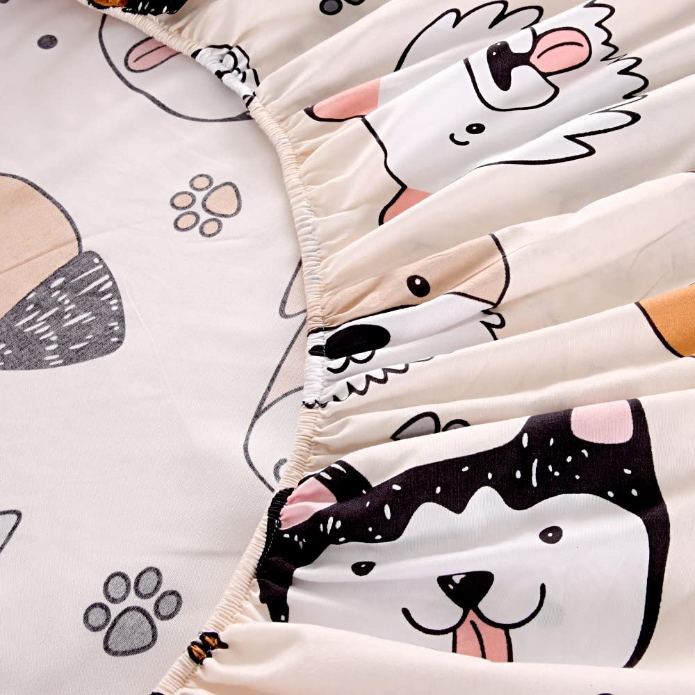 KWLOVER 2PCS Cute Puppy Patterns Soft Bed Fitted Sheet and Pillowcase Set,Doggy Doggies Pattern Printed Sheets for Kids Boys Teens Full Size Bed