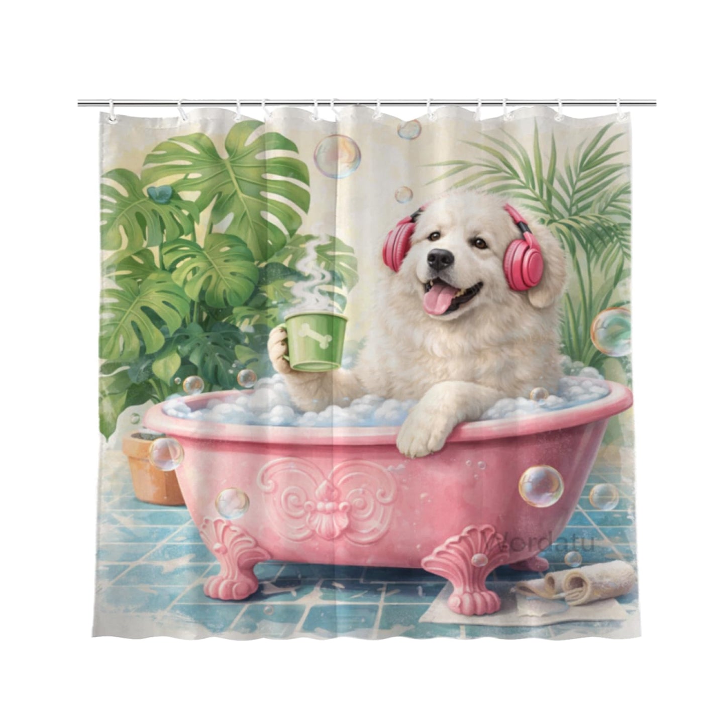 Wordatu Great Pyrenees Bathtub Green Plants Shower Curtain Cute Pet Animal Bathroom Waterproof Shower Curtain 72x72 with 12 Hooks（24455）