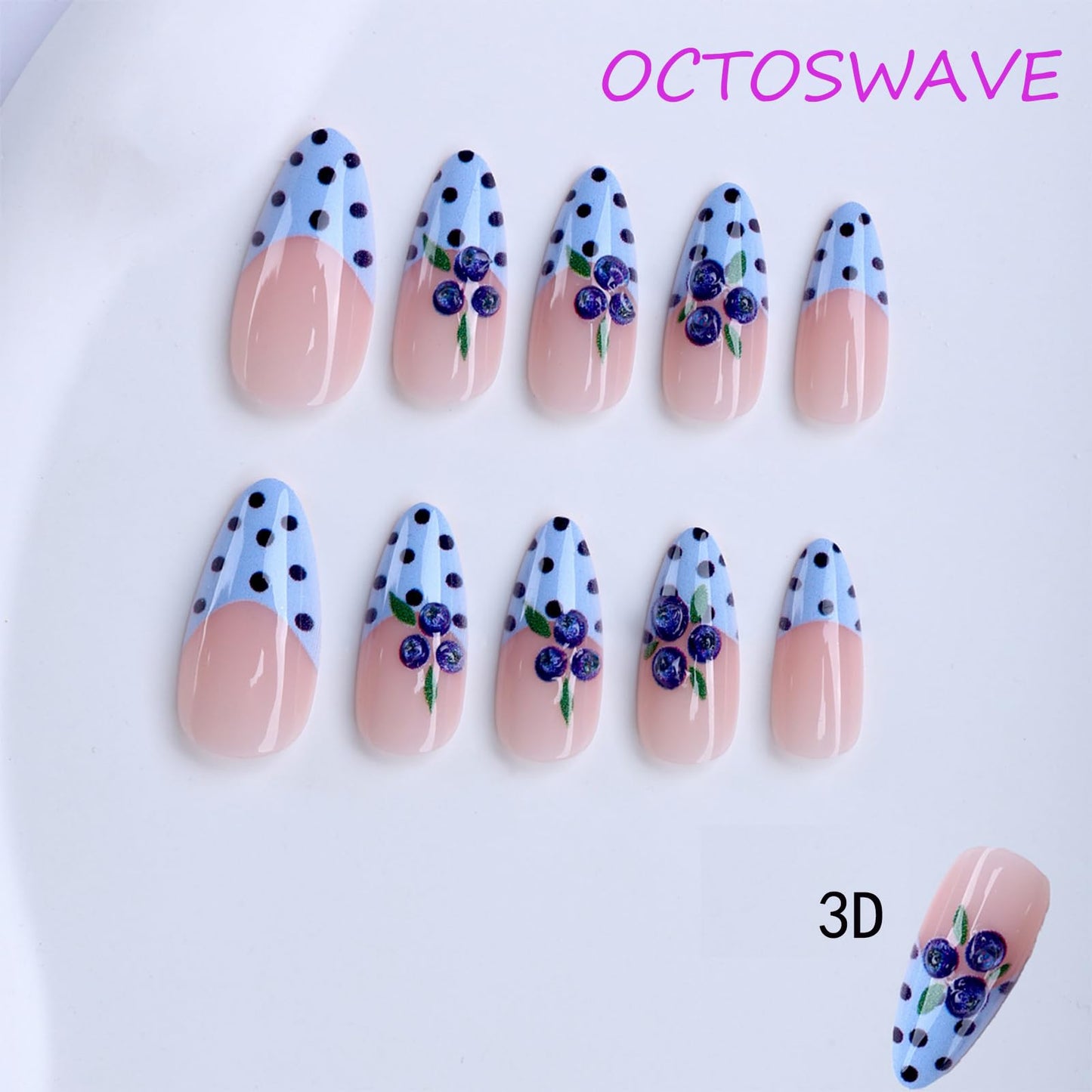 octoswave Almond Press on Nails Long 3D Blueberry French Tip Fake Nails Blue Polka Dot Glossy False Nails for Women and Girls 24Pcs