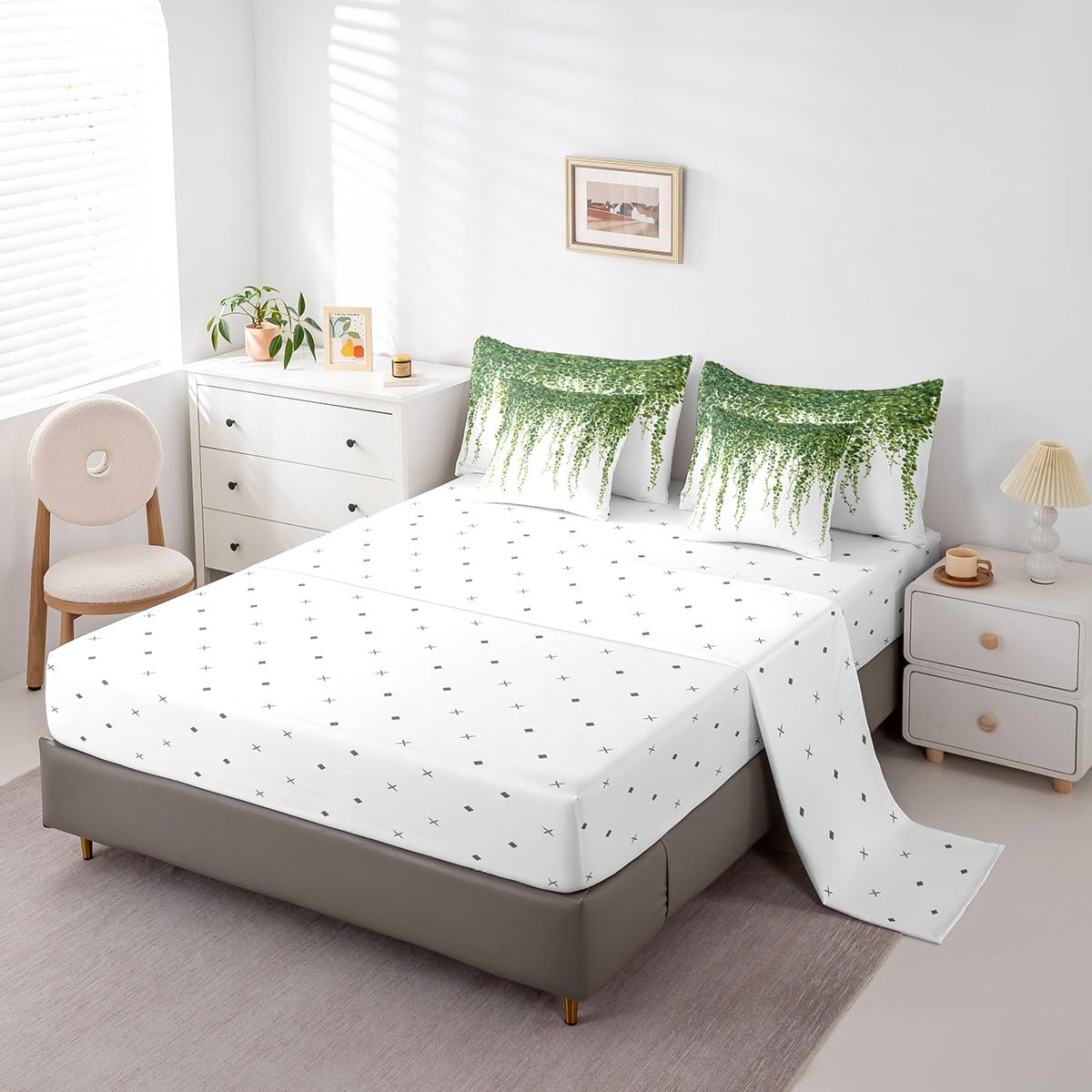 jejeloiu Leaves Comforter Set 7 Pieces Full Size Kids Botanical Garden Bed in a Bag for Boys Girls Nature Bedding Set Spring,Comforter + Sheets + Pillowcases + Cushion Covers
