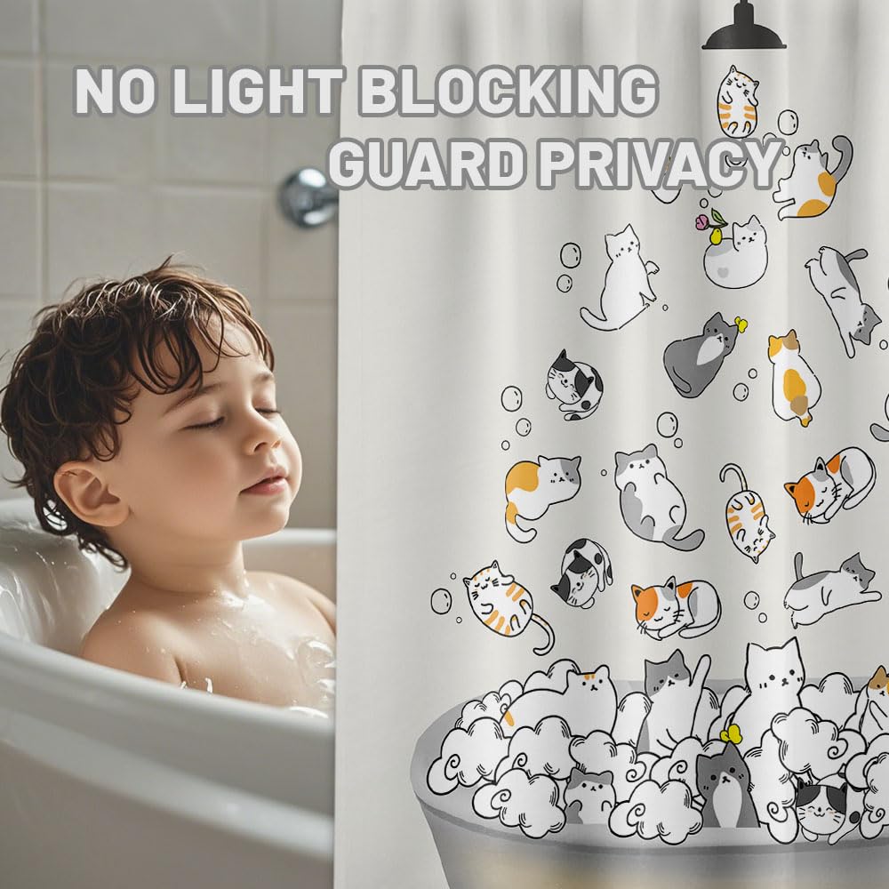 Tonmue Cute Cat Shower Curtain Kids Animal Cartoon Bathroom Decor, Waterproof Cloth Fabric with Hooks 70" W x 84" L