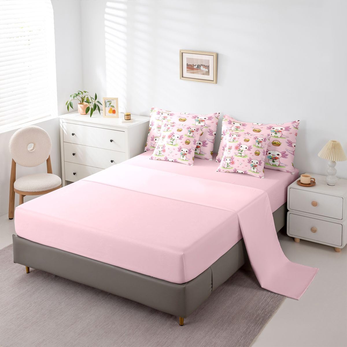 Pink Floral Axolotl Queen Bedding Set for Kids Girls Teens Cute Axolotl Comforter Set with Flat and Fitted Sheet Spring Garden Pink Flowers 7-Piece Bed in a Bag Girly Dreamy Pastoral Petals Quilt Sets