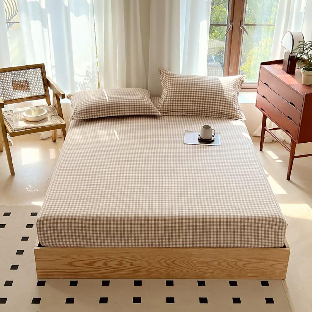 Tan Gingham Fitted Sheet Queen 100% Washed Cotton Taupe Plaid Queen Bed Sheet Grid Single Bottom Sheet with 15" Deep Pocket Gingham Bedding Grid Sheet 1 Piece Cotton Breathable Mattress Cover