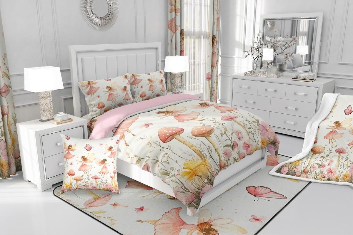jejeloiu Fairy Kids Comforter Set Twin Size Floral Flower Fairies Bedding Set Enchanted Wonderland Duvet Quilt for Kids Boys Girls Bedroom Butterfly Decor Botanical Plants Ultra Soft Breathable