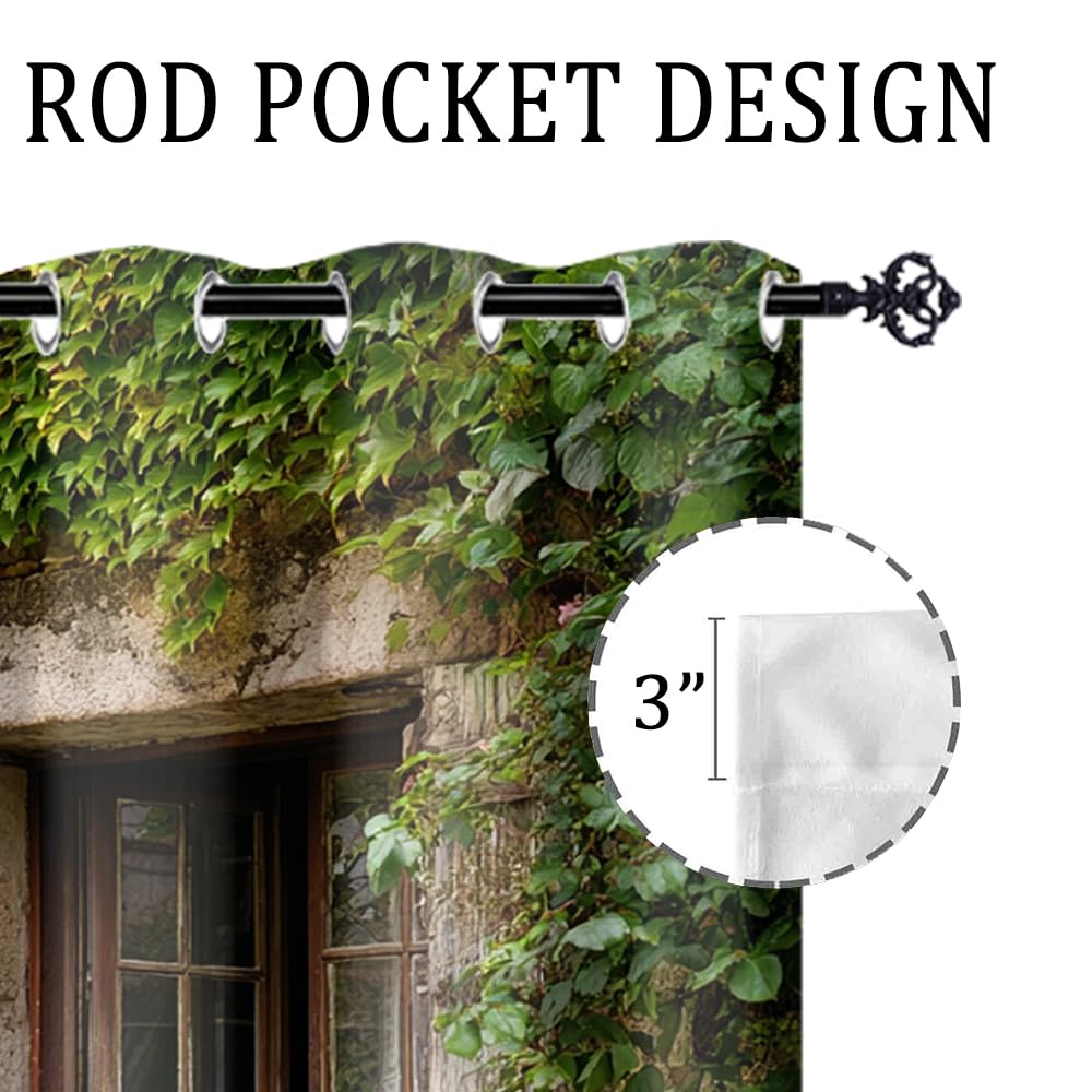 XSUPFLYM Retro Fantasy Stone House Window Perforated Curtains Modern Aesthetic Spring Garden Plant Ivy Flowers Print Thermal Curtains Suitable for Bedroom 2 Panels Each 21" W x 45" L