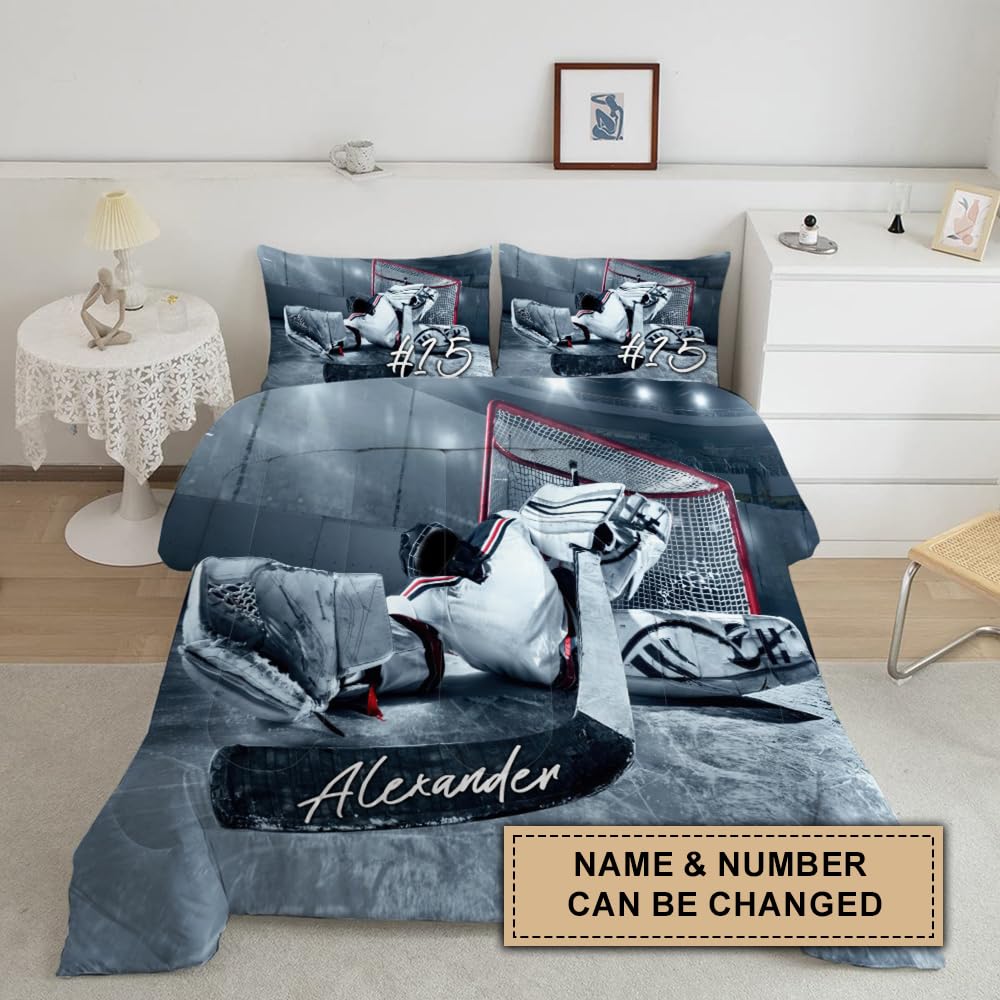 WAZARO Personalized Hockey Comforter Set, Hockey Bedding Twin Full Queen King, Hockey Blankets for Boys Ice Hockey Tapestry Down Comforters Hockey Bedroom Decor (Ice Hockey Goalie)