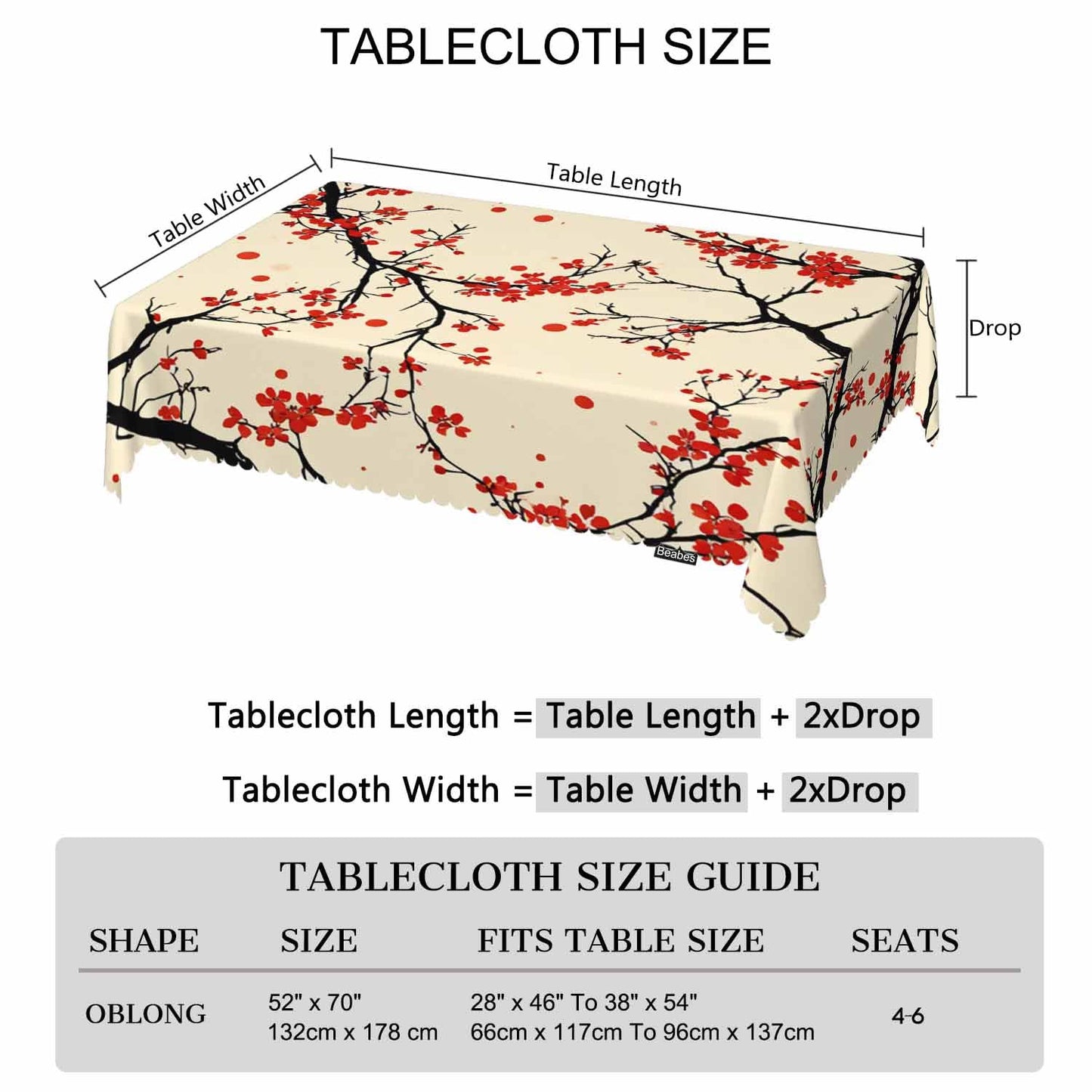 Beabes Cherry Kitchen Tablecloth Japanese Cherry Branch Red Indoor Outdoor Table Cover Anti-Oil Table Cloths for Wedding Banquet Dinner Tablecloths, 52x70 Inch(4-6 Seats)