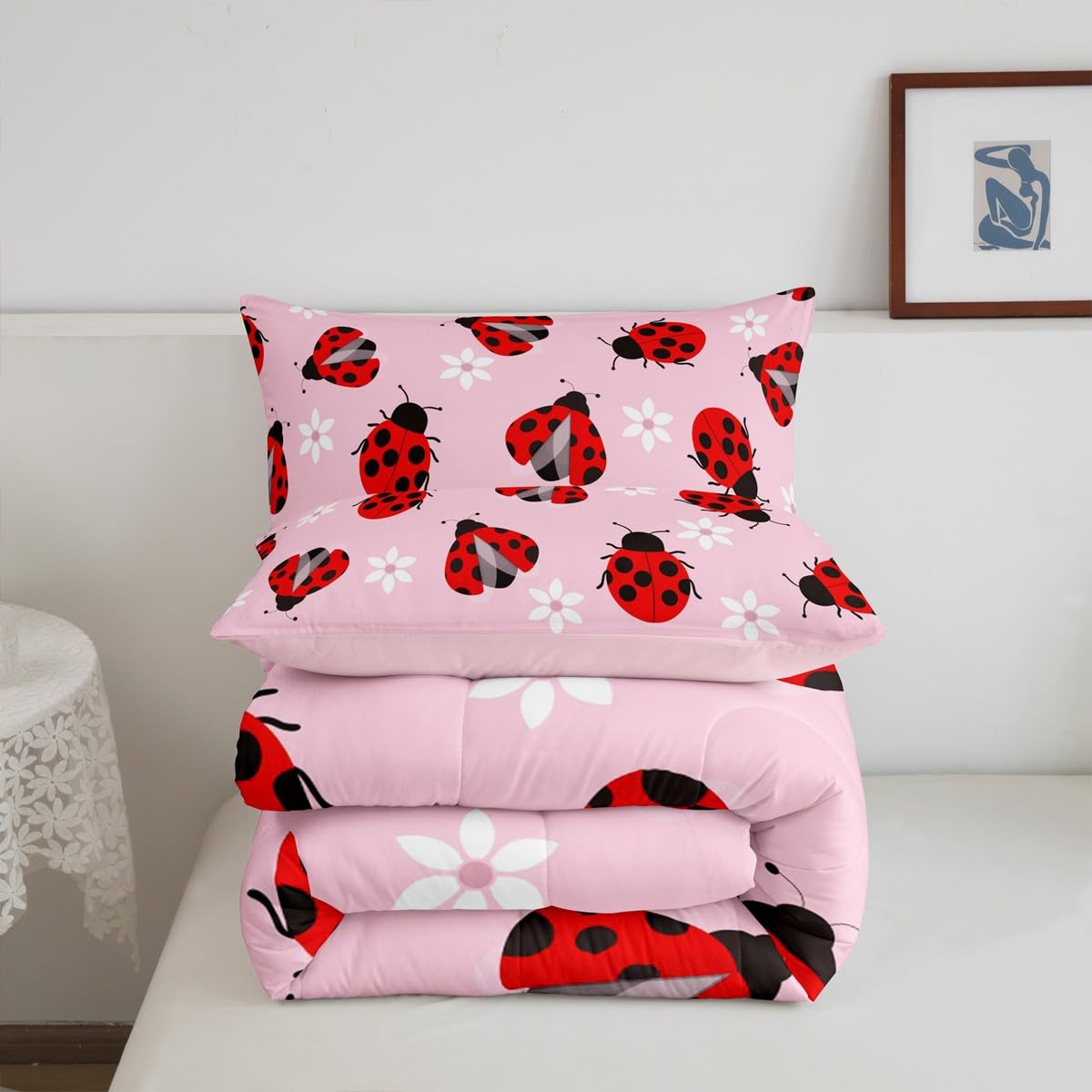 Feelyou Ladybug Comforter Set Ladybug Gifts for Girls Boys Cute Bug Comforter Queen Size Garden Farmhouse Animal Bedding Set Pink Duvet Set Quilt Set 3Pcs