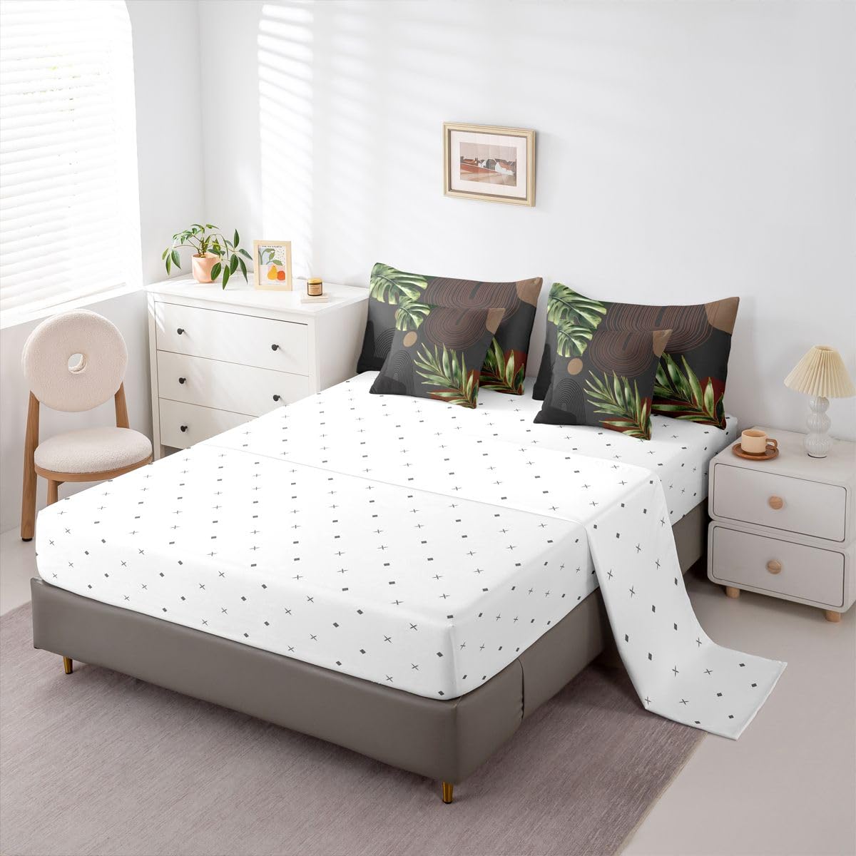 Erosebridal Black Green Brown Boho Full Comforter Set with Sheets, Abstract Mid Century Simple 7 Pcs Bedding Set, Retro Tropical Leaves Bed in A Bag, Modern Minimalist Aesthetic Geometric Bed Sets