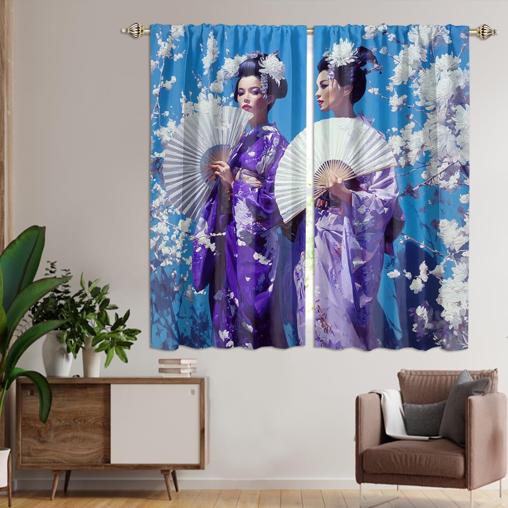 XSUPFLYM Elegant Retro Japanese Geisha Blackout Curtain Beautiful Modern Spring Plant Cherry Blossom Tree Asian Girl Pattern Thermal Insulated Curtain for Bedroom 2 Panels Each 21" W x 45" L