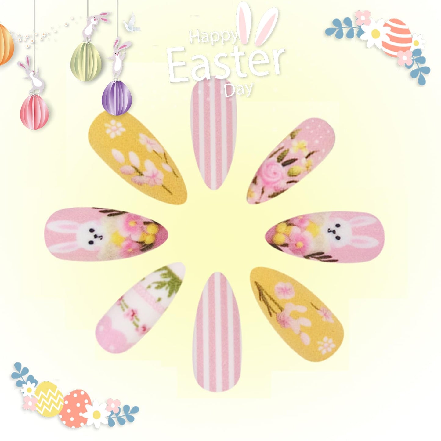 IMSOHOT Easter Press on Nails Medium Almond Fake Nails with Pink Flower & Cute Rabbit Design Pink Yellow Matte Full Cover False Nails Glue on Nails for Women Girls 24Pcs