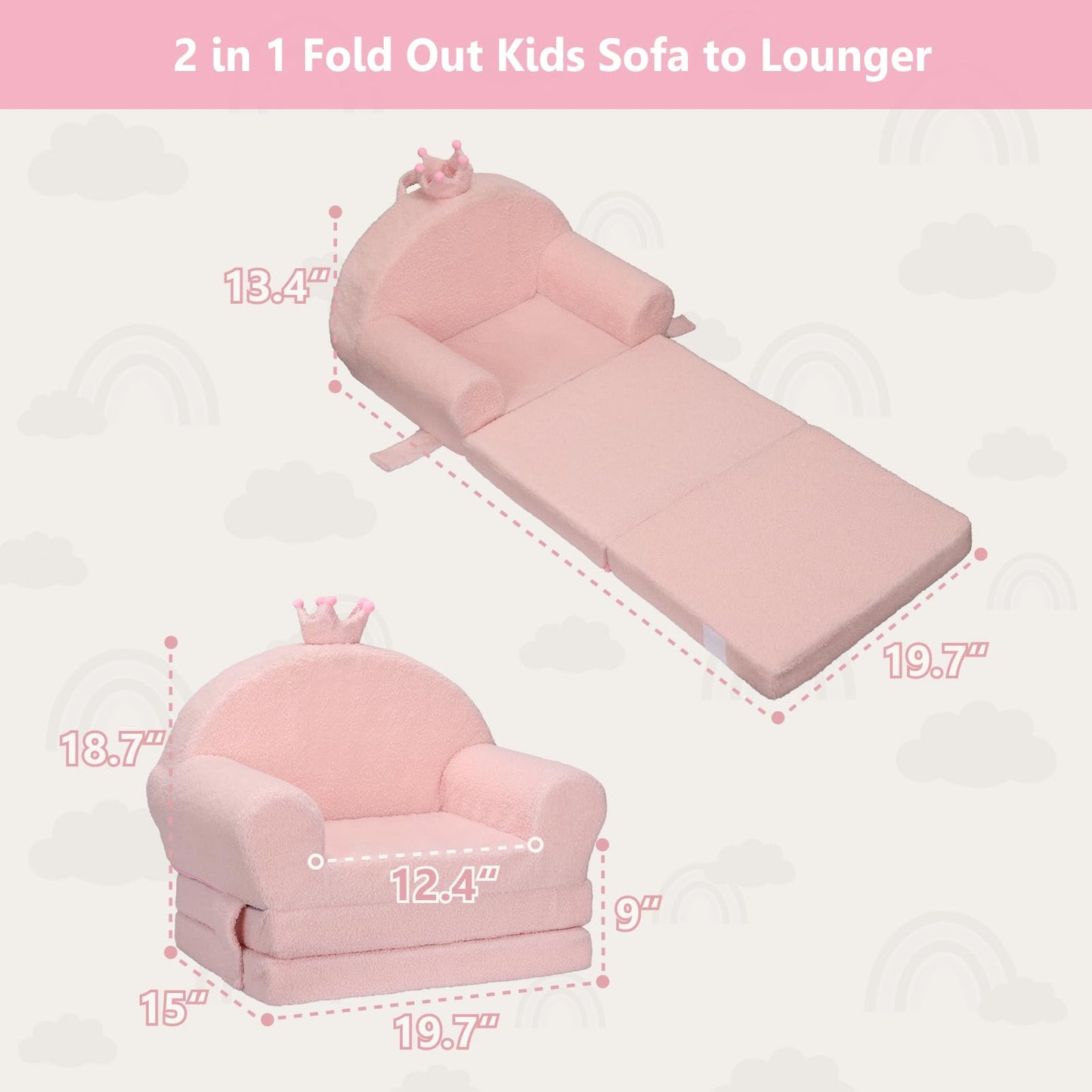 MONKISS Princess Toddler Chairs Comfy, 2-in-1 Fold Out Kids Sofa Bed, Cozy Toddler Couch, Baby Lounge Chair, Soft Mini Couch for Kids, 1-4 Years Old, SF05, Pink Crown