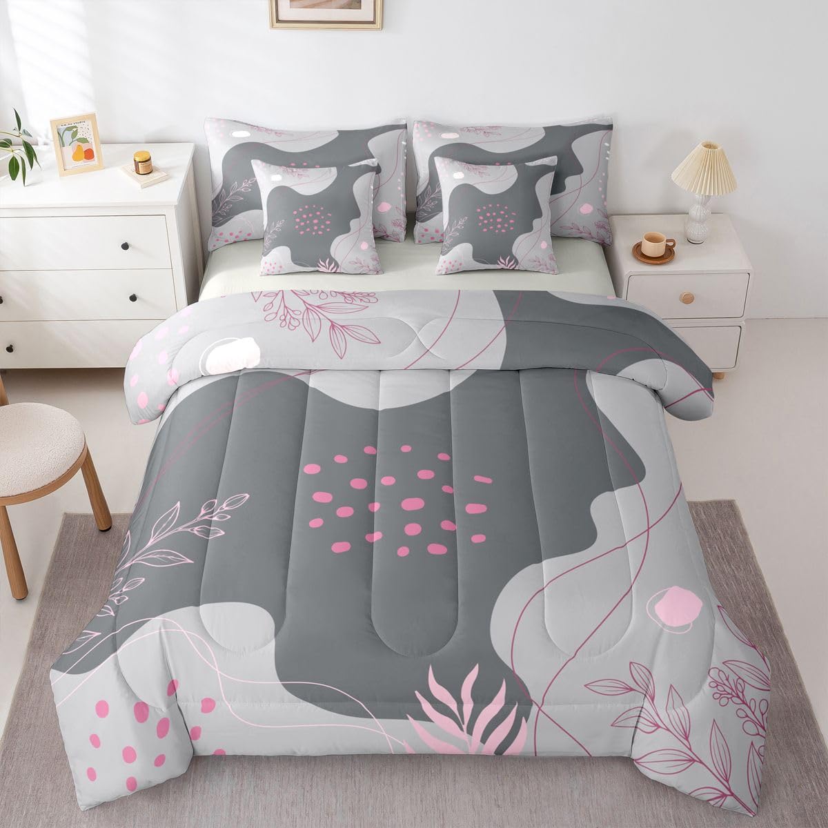 Erosebridal Grey and Pink Twin Comforter Set with Sheets Boho Mid Century 7 Piece Bedding Set Modern Abstract Bed in a Bag, Geometric Lines Room Decor