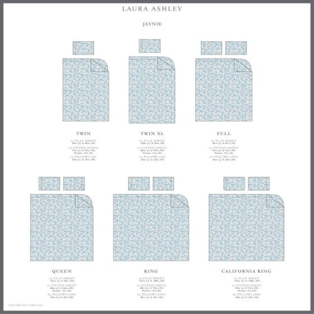 Laura Ashley - King Sheets, Cotton Percale 6-Piece Bedding Set, Crisp & Cool Home Decor (Jaynie Pastel Blue, King)