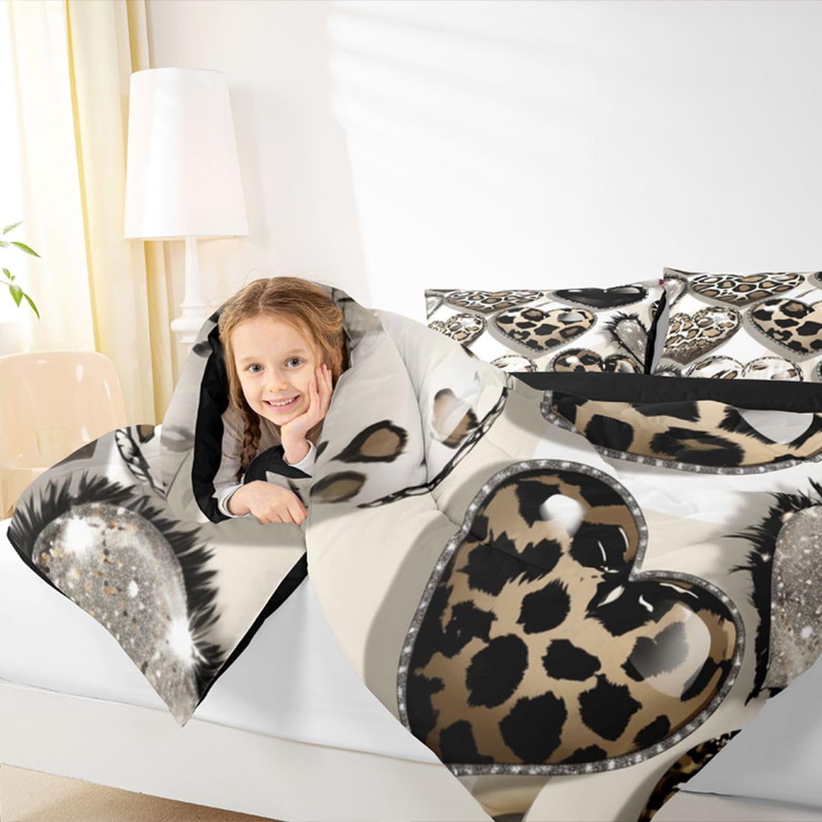 Erosebridal Abstract Geometric Kids Comforter Sets Leopard Love Heart Pattern King Bedding Set for Boys Girls Animal Cheetah Print Comforter Set,Fashion Glamorous Quilt Duvet 3 Pcs