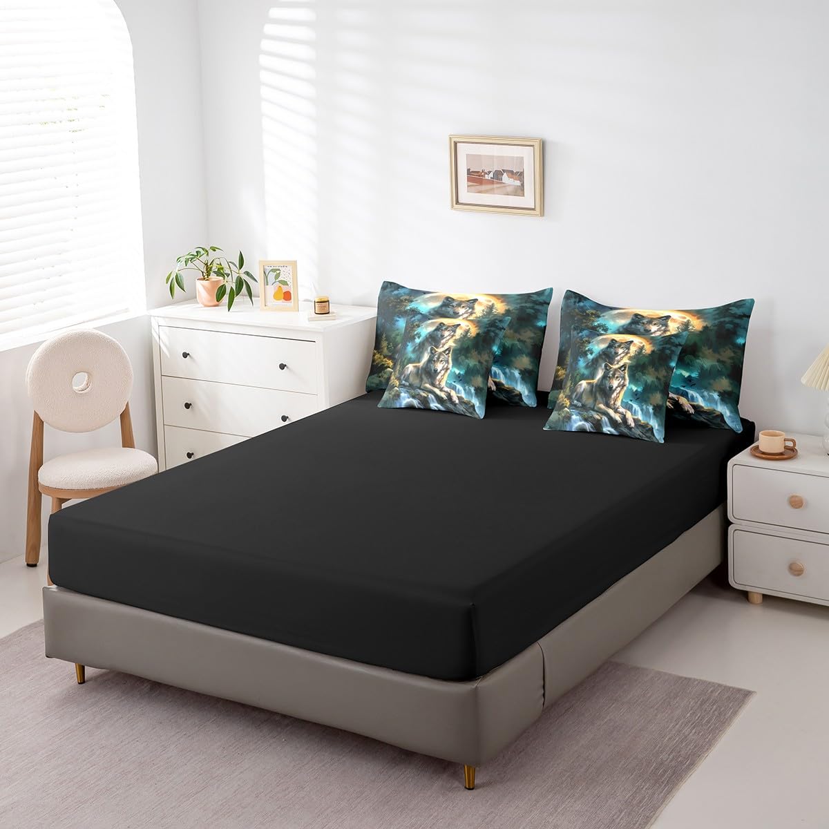 Feelyou Wolf 7 Pieces Bedding Set Queen Size Mountain Moon Wolves Comforter Set with Sheets for Kids Boys Girls Wild Animals Bed in a Bag Fantasy Wildlife Print Bed Set