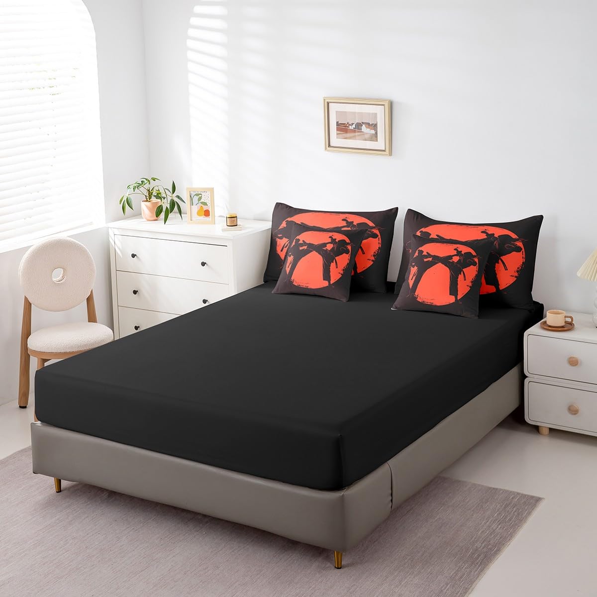 Feelyou Kids Taekwondo Comforter Set Full Size 7 Pieces Boys Girls Kungfu Bedding Set Martial Art Japanese Sports Japanese Style Bed in a Bag with Comforter, Sheets, Pillowcases & Cushion Cover