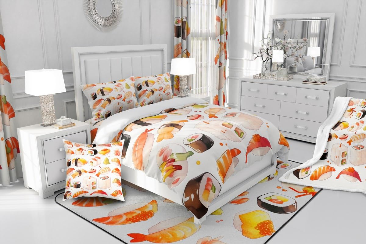 Erosebridal Cute Sushi Bedding Set Queen,Japanese Food Comforter Set Sushi Gifts for Kids Teens Adults,Anime Style Quilt Bed Set Funny Food Bed Comforter Sets with 2 Pillowcases Bedroom Decor
