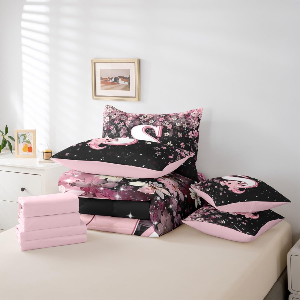 Erosebridal Japanese Cherry Blossom Bedding Set (Twin Size,7 Pieces) Cute Initial Axolotl Comforter Set with Sheets for Teen Girl Pink Axolotl Bed in A Bag with Letter S Design Monogram Duvet Insert