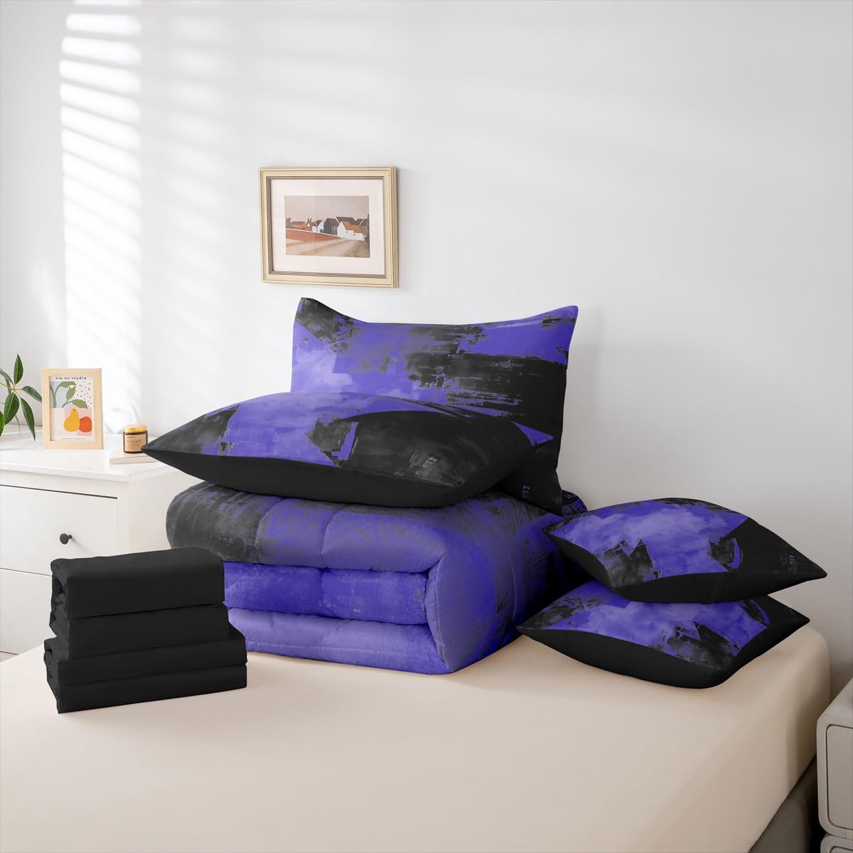Feelyou Abstract Comforter Set King Size 7 Pieces Modern Abstract Art Bedding Set Luxury Bed in a Bag with Comforter, Sheets, Pillowcases, Cushion Covers Geometric Bedroom Decor Royal Blue