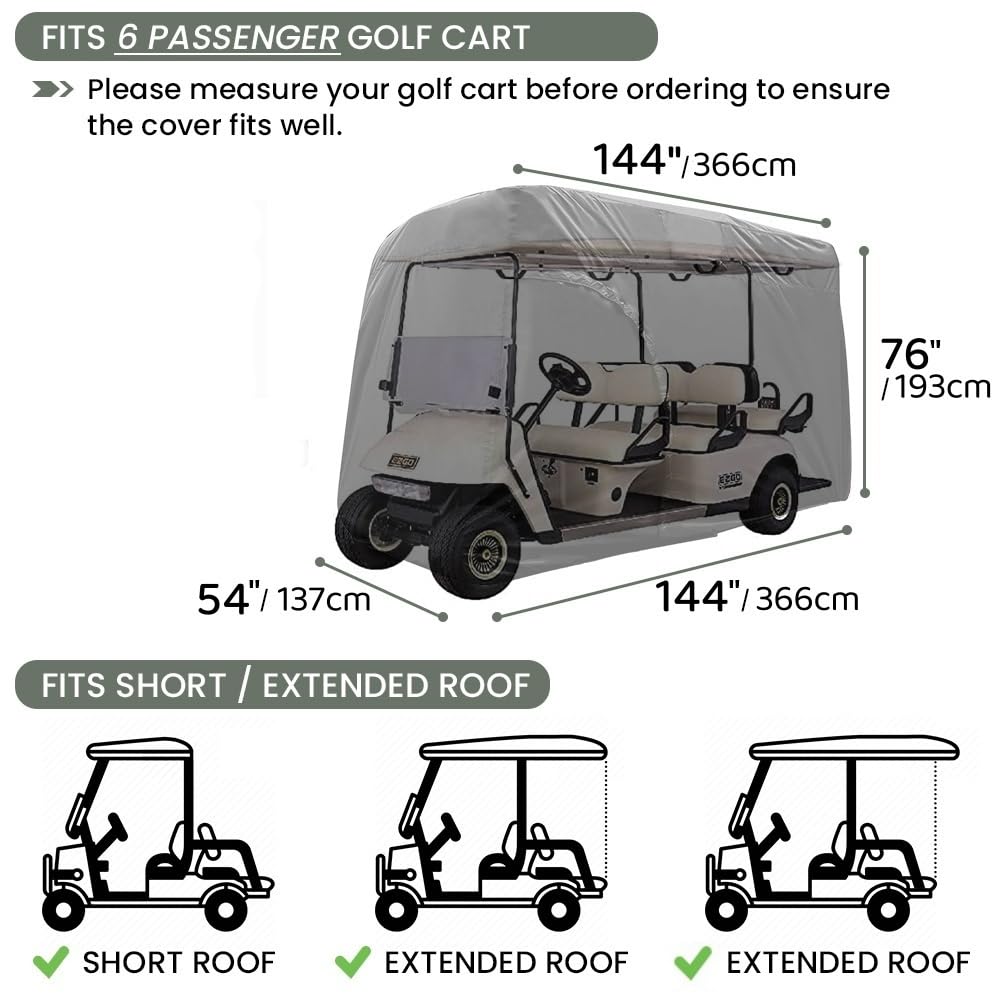 Joymo Golf Cart Cover 6 Passenger, Golf Cart Rain Cover Heavy-Duty All Weather Protection Covers for EZ GO Golf Cart Accessories, Outdoor Club Car Seat Covers Winter Summer(144" L x 54" W x 76" H)