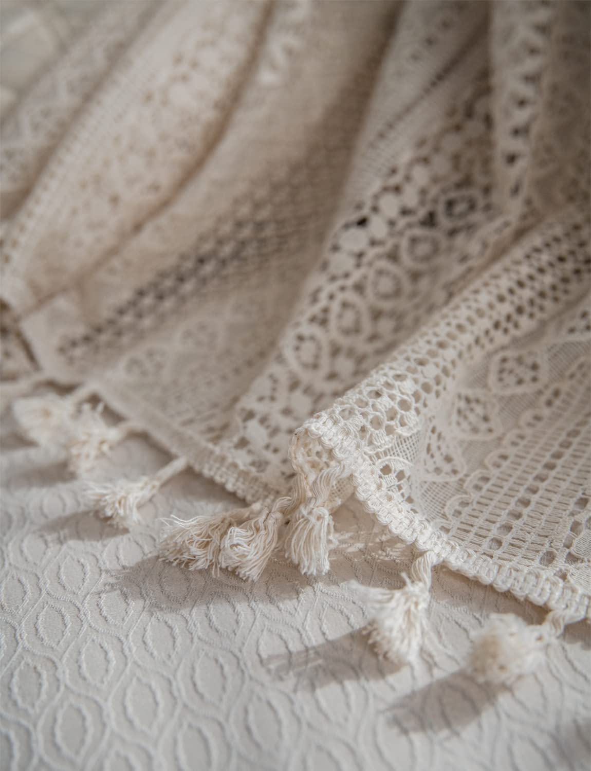 Colorigan Boho Curtains for Living Room Bedroom, 84 inch Length 2 Panels Set Cotton Linen Semi Sheer Farmhouse Window Curtains with Tassels & Rod Pocket, Beige Lace Crochet Rustic Long Curtain Drapes