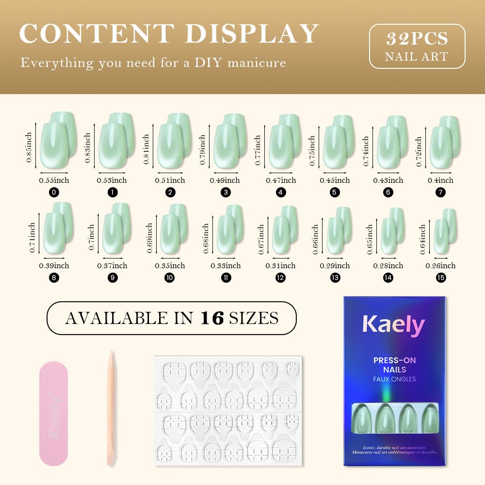 evpct Light Green Cat Eye Coffin Press on Nails Square Medium, Medium Square Stick on Nail for Women, Pale Green Metallic Glitter Glossy Reusable Summer Soft Gel Press on Acrylic Fake Nail with Design