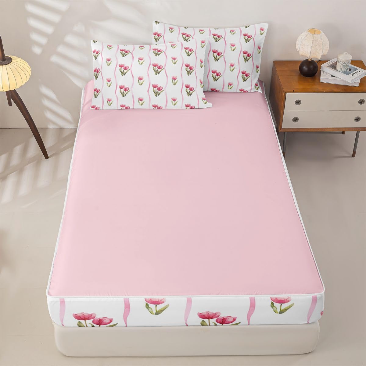 Feelyou Flroal Comforter Set Sizetulip Flowers Zipper Bedding Queen Spring Blossom Boys Girls Bed in A Bagbotanical Bed Sheet Sets with Fitted Sheet Pillowcases for Bedroom Decorpink White Green