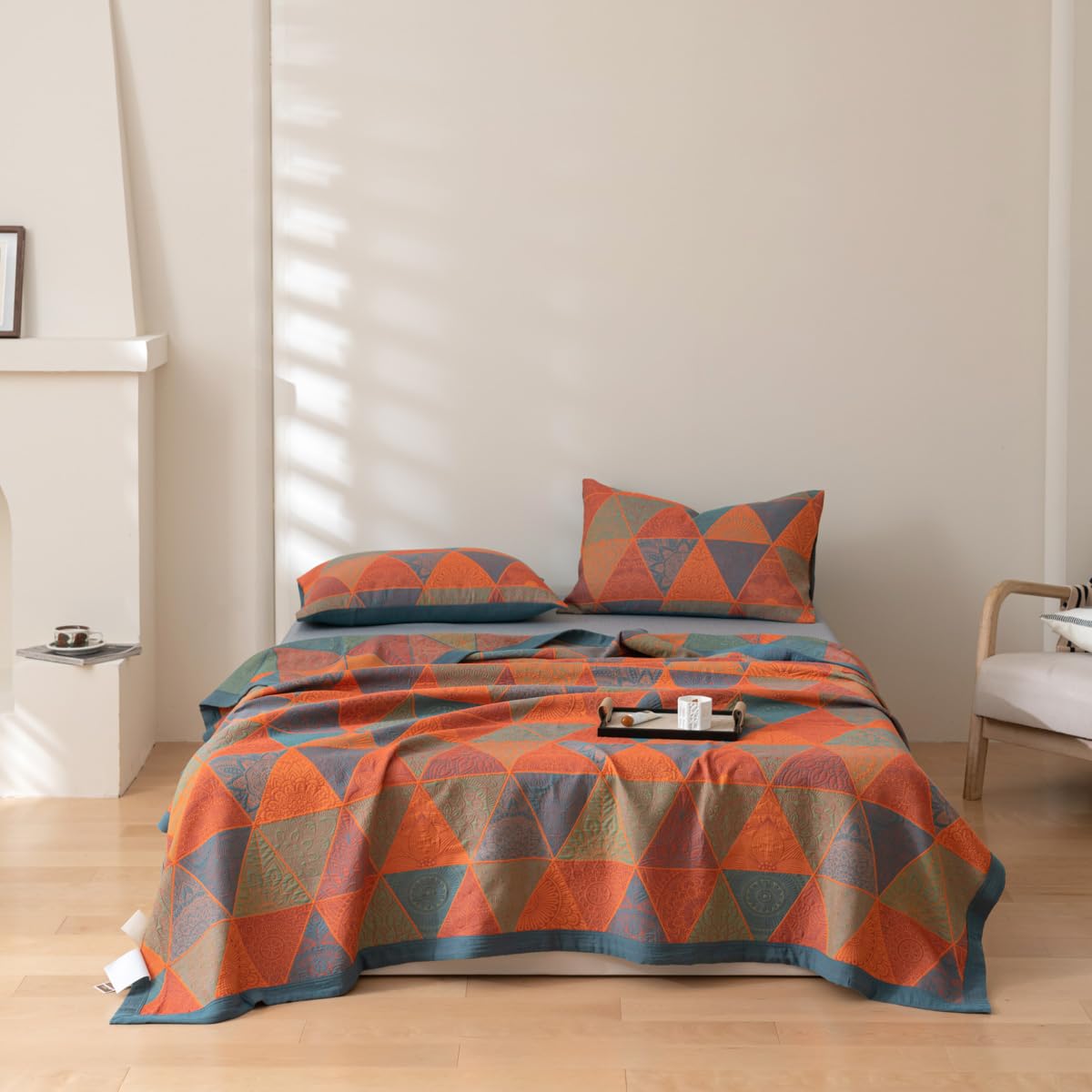 Purefair 100% Cotton Muslin Blanket Jacquard Bohomian Mandala Triangle Print Quilt, Soft Bed Cover Reversible Bedspread Coverlet Breathable Lightweight Bedding Full/Queen(78"x94"), No Pillow Sham