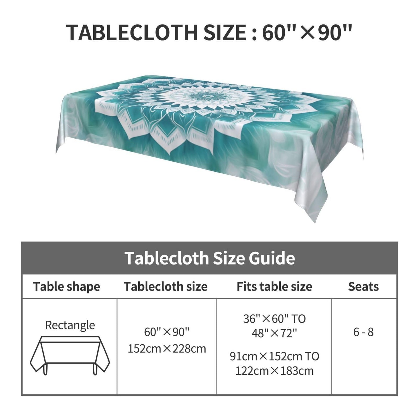 mutakin Blue Mandala Flower Rectangle Tablecloth Washable Table Cloth 60x90 Inch Table Cover Waterproof for Decoration Kitchen Dining Room