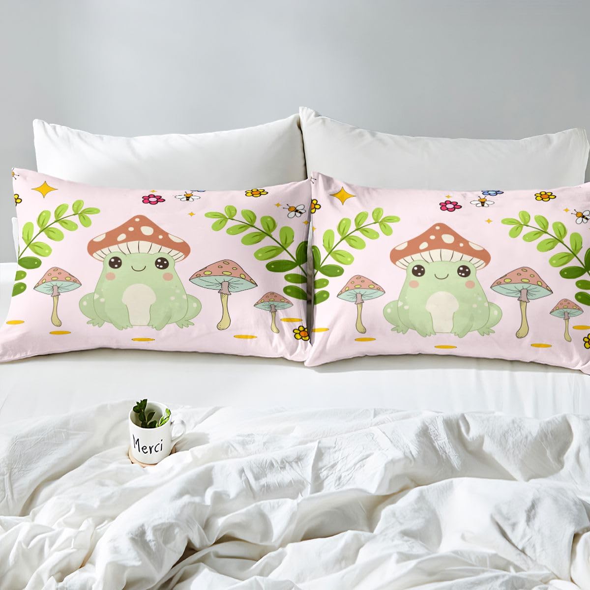 Feelyou Cute Frog Bedding Fitted Sheet Mushroom Bedding Sheets for Kids Boys Girls Natural Wild Fungus Bed Sheet Set Botanical Plants Bed Cover 1 Bed Sheet Set with 2 Pillowcases Full Size