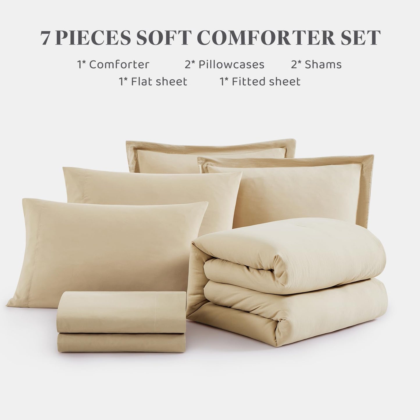 WRENSONGE Queen Comforter Set- 7 Pieces Beige Bed in a Bag Queen with Fitted Sheet, Flat Sheet, 2 Pillow Shams, and 2 Pillowcases- Warm Bed Set for All Season