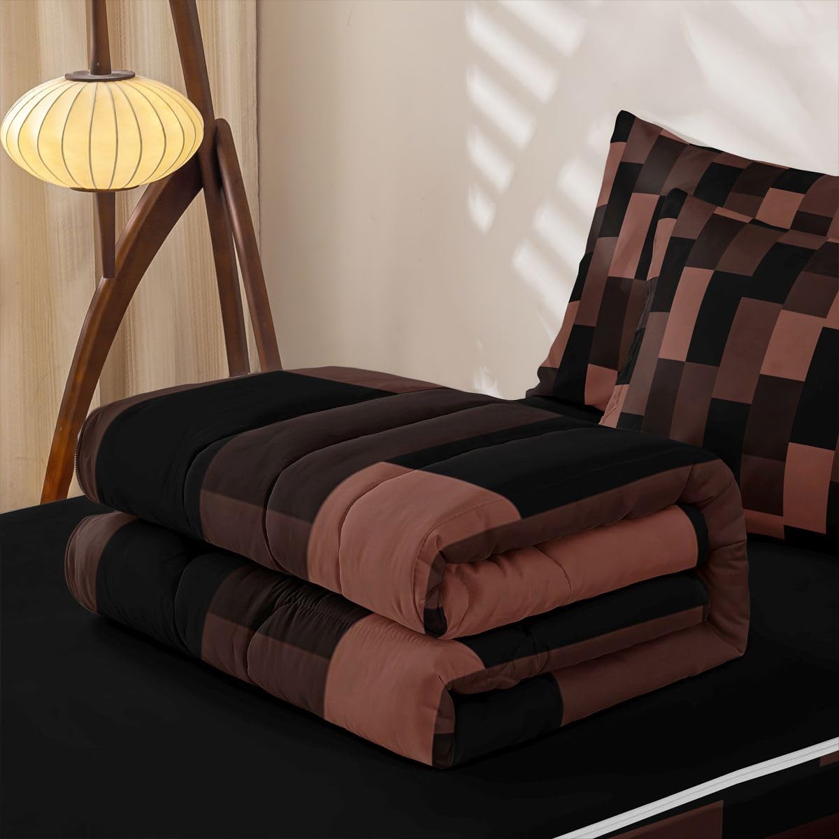 jejeloiu Black Brown Zipper Bedding Full Abstract Geometric Bedding Sets for Kids Boys Girls Modern Art Comforter Set with Fitted Sheet 2 Pillowcases One Zipper Bed Set for All Seasons