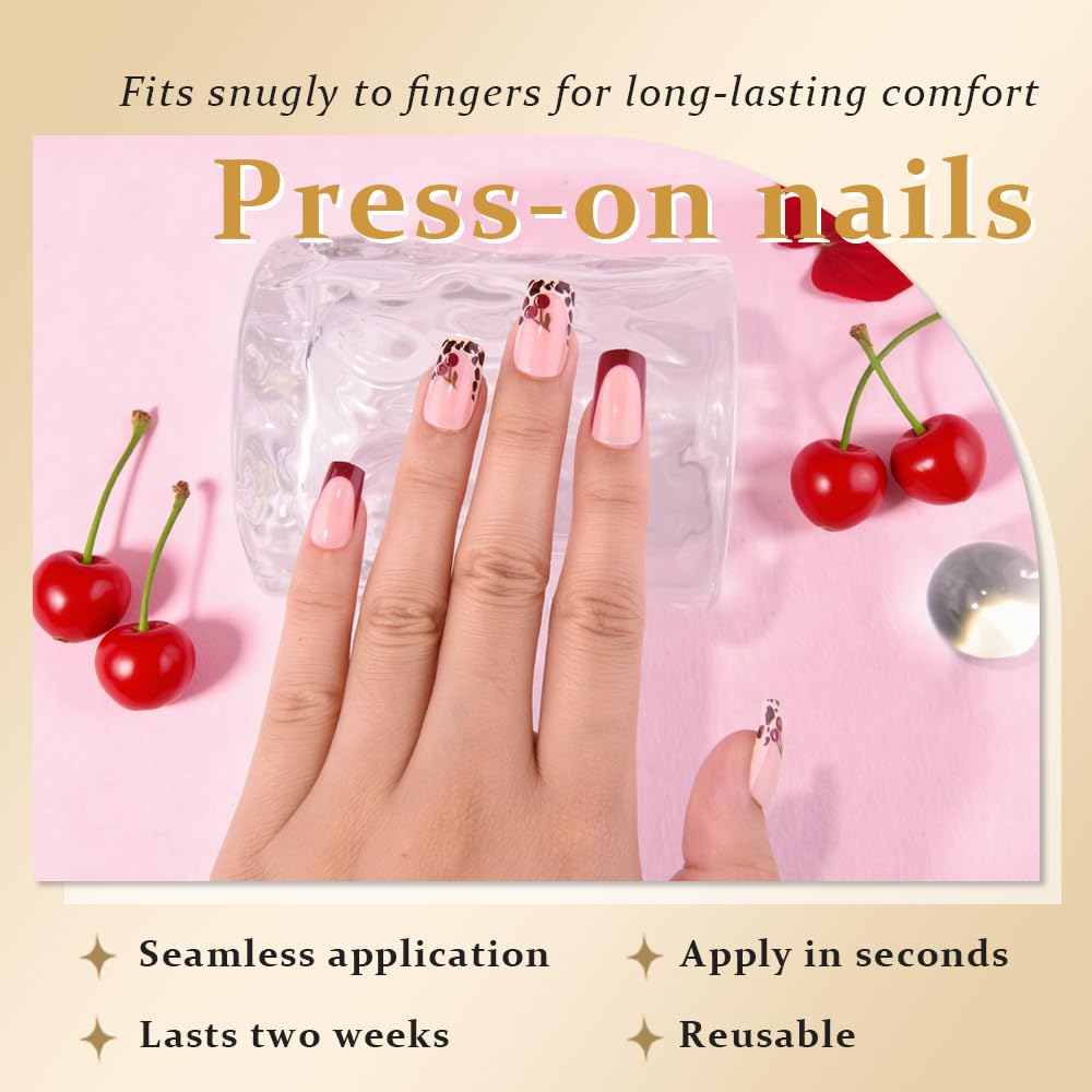 evpct Spring & Summer Press on Nails Medium Square No Glue, Cherry Fake Nails Press ons with 3D Pattern Design, Light Weight Perfectly Fit Fake Nails for Women Gift, Fake Nail Kit with Kits, 24Pcs