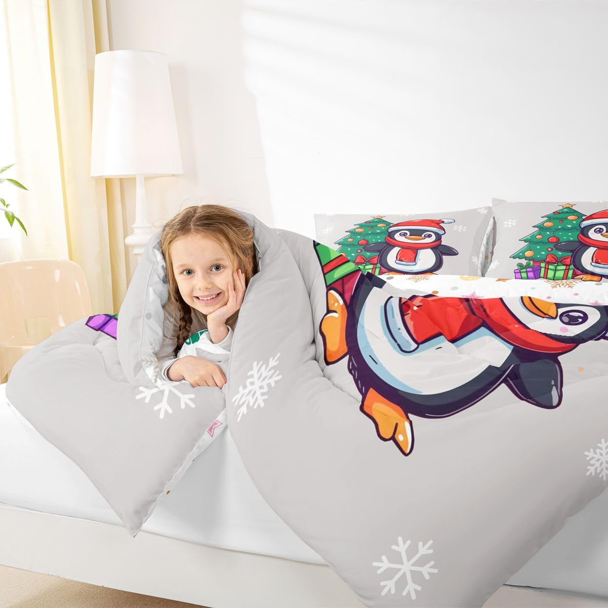 Erosebridal Xmas Penguin Bedding Set Queen Antarctic Animal Print Comforter Set for Kids Boys Girls Santa Hat Penguin Down Comforter,Christmas Tree Snowflake Gifts Quilt Duvet