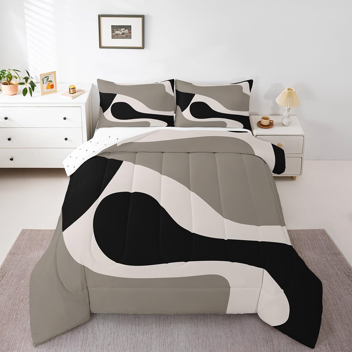 Erosebridal Black Beige Striped Comforter Set Queen Size,Boho Modern Geometric Abstract Bedding for Women Men Adults, Stripes Bold Lines Quilt,Minimalist Stylish Art Bedding Comforter Sets