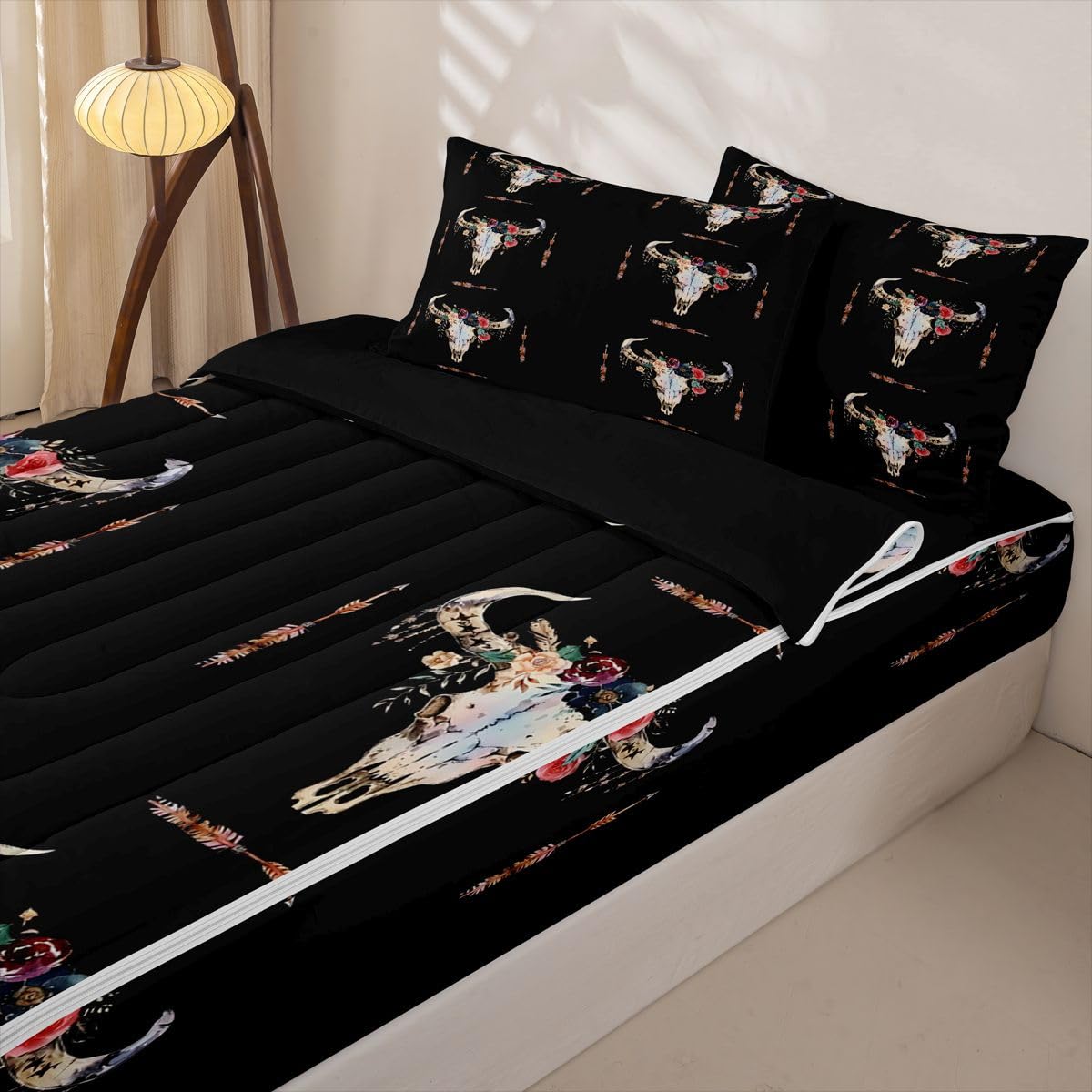 Erosebridal Bull Skull Zipper Comforter Set Twin Boho Bedding Set Bull Head Aztec Bed in a Bag Rose Leaf Print Zippered Quilt Fitted Sheet,2 Pillowcases