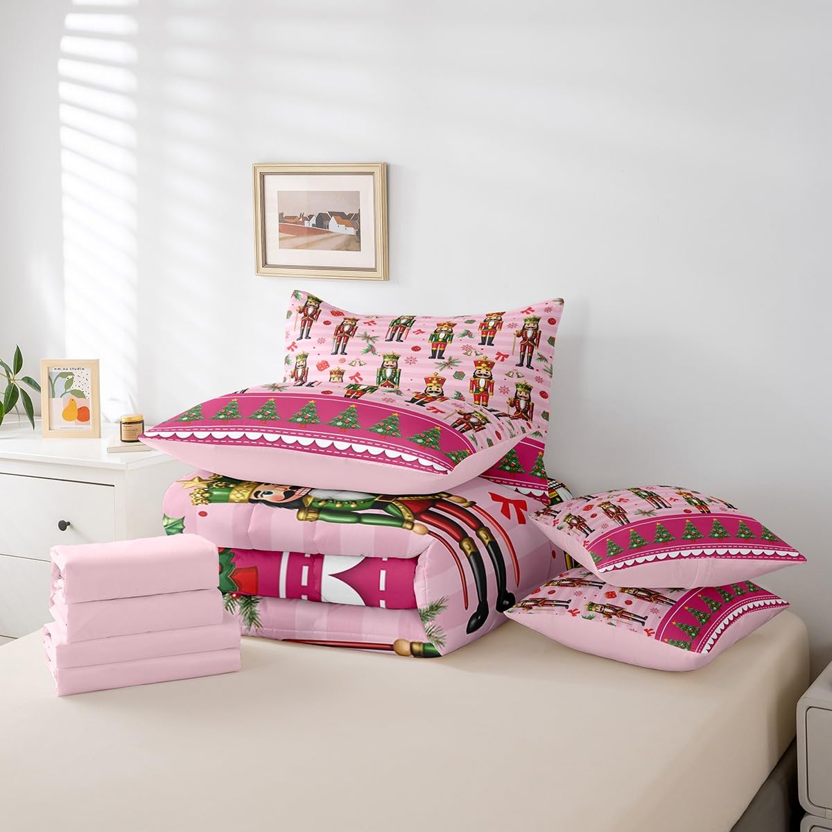 Erosebridal 7 Piece Christmas Nutcracker Kids Comforter Set King Bed in a Bag,Pink Christmas Bedding Set,Christmas Trees Bowknot Decor Sheets,Princess Magical Snowflake Duvet Insert Xmas Ornaments