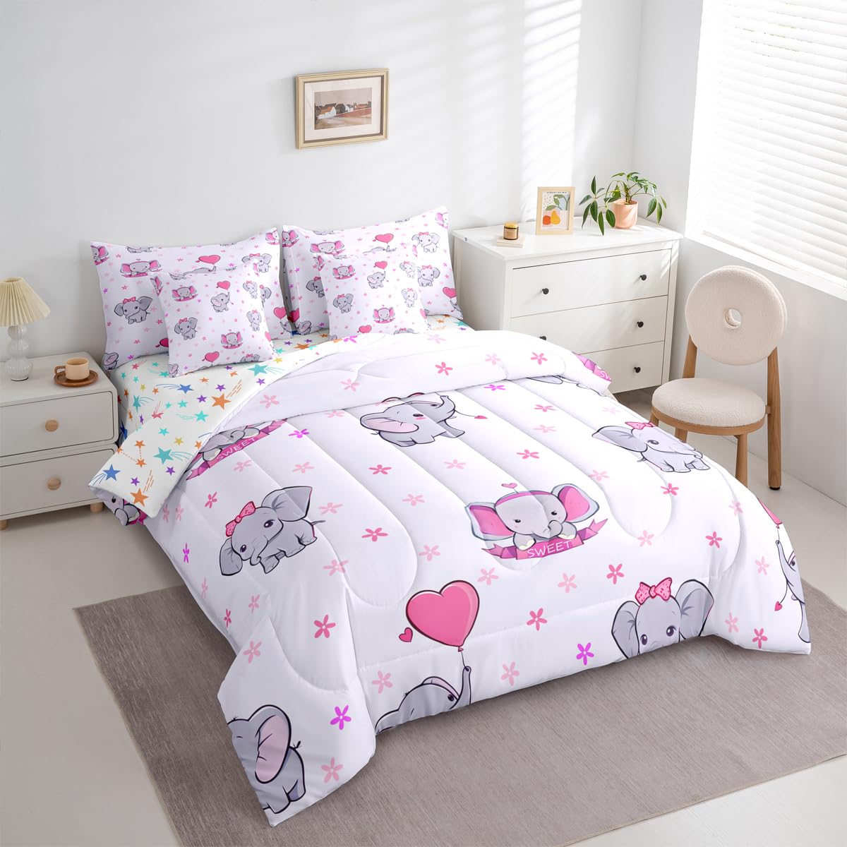 Erosebridal Girls Elephant 7 Piece Comforter Set Twin | Cute Elephant Cartoon Animals Bedding Set for Kids Nursery Bedroom Pink Heart Shaped Comforter with Sheets Kawaii Wildlife Floral Duvet Insert