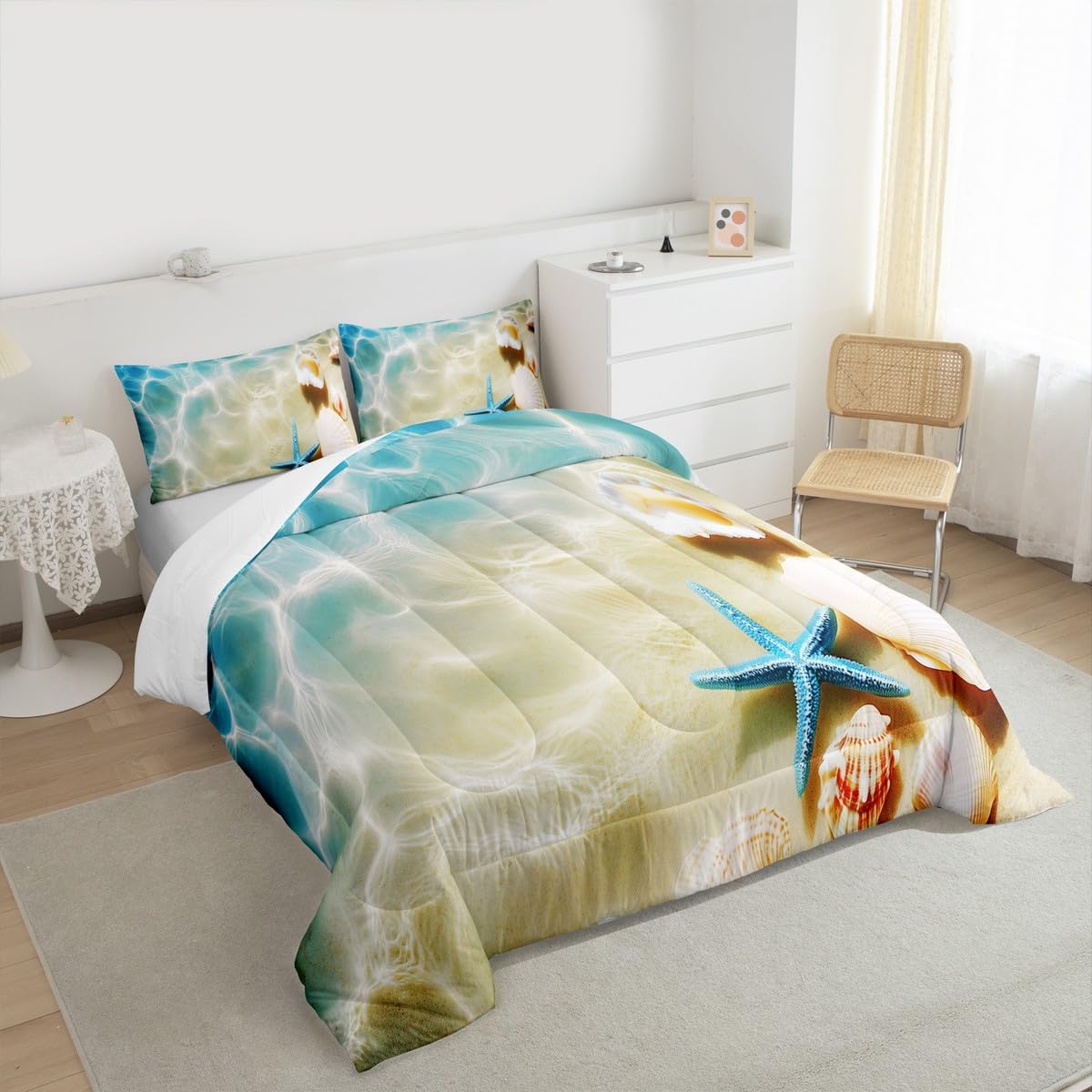 Ocean Comforter Set Queen Beach Bedding Coastal Nature Theme Pattern Teal Duvet Set Boys Girls Hawaiian Quilt Sets Sea Wave Animals Starfish Reversible Comforter Set 2 Pillowcases, Blue Room Decor