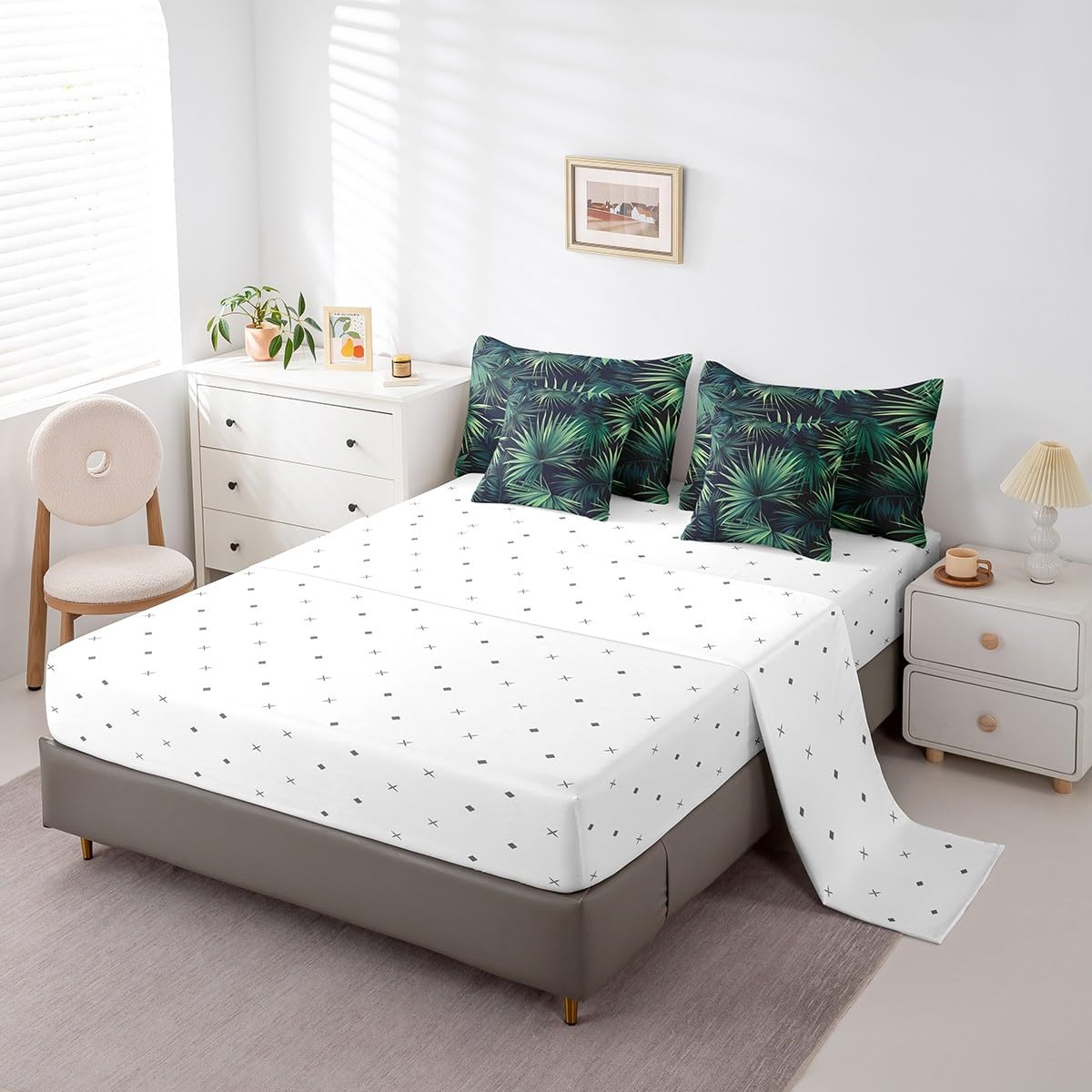 Erosebridal Tropical Green Leaves Quilt with Flat Fitted Sheet Summer Hawaiian Comforter Set 7 Piece Twin Monstera Banana Leaves Bed in A Bag for Kids Boys Girls Jungle Nature Theme Bedding Sets